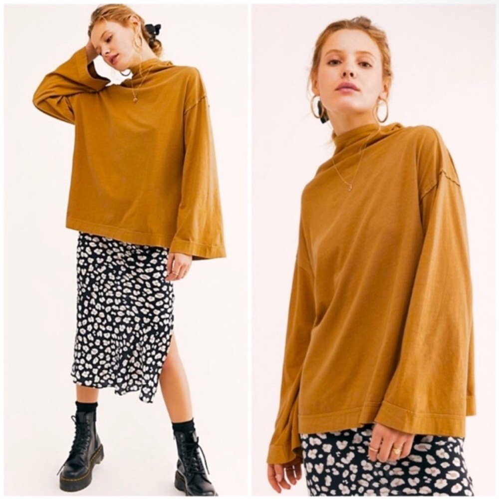 We The Free Mustard Brown Mock Neck Pullover Top